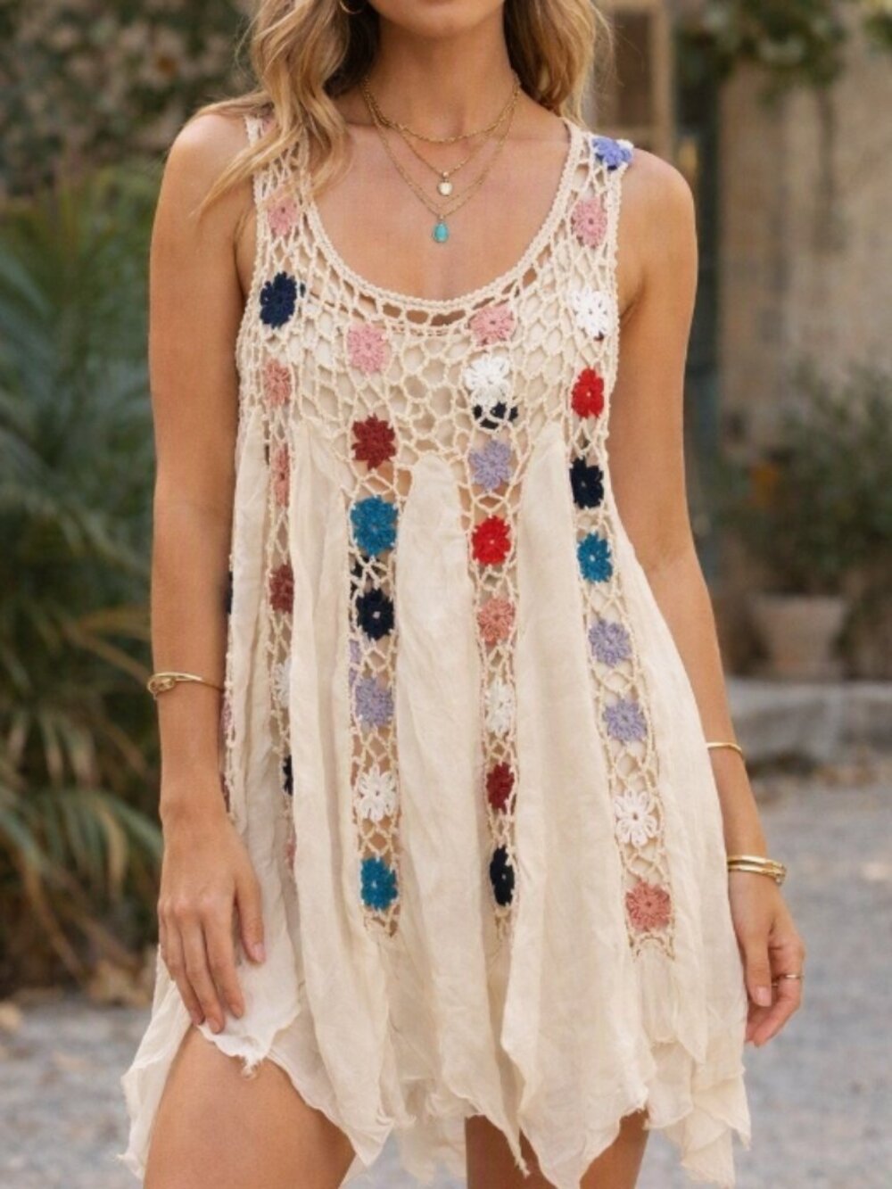 Asha Multicolor Crochet Tunic Top M Boho Festival Handmade Artisan Hippie Chic